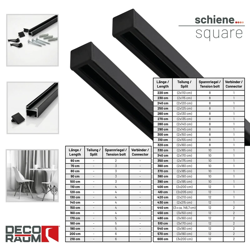 Gardinenschiene Innenlauf auf Maß 1-läufig Schwarz - Serie Square