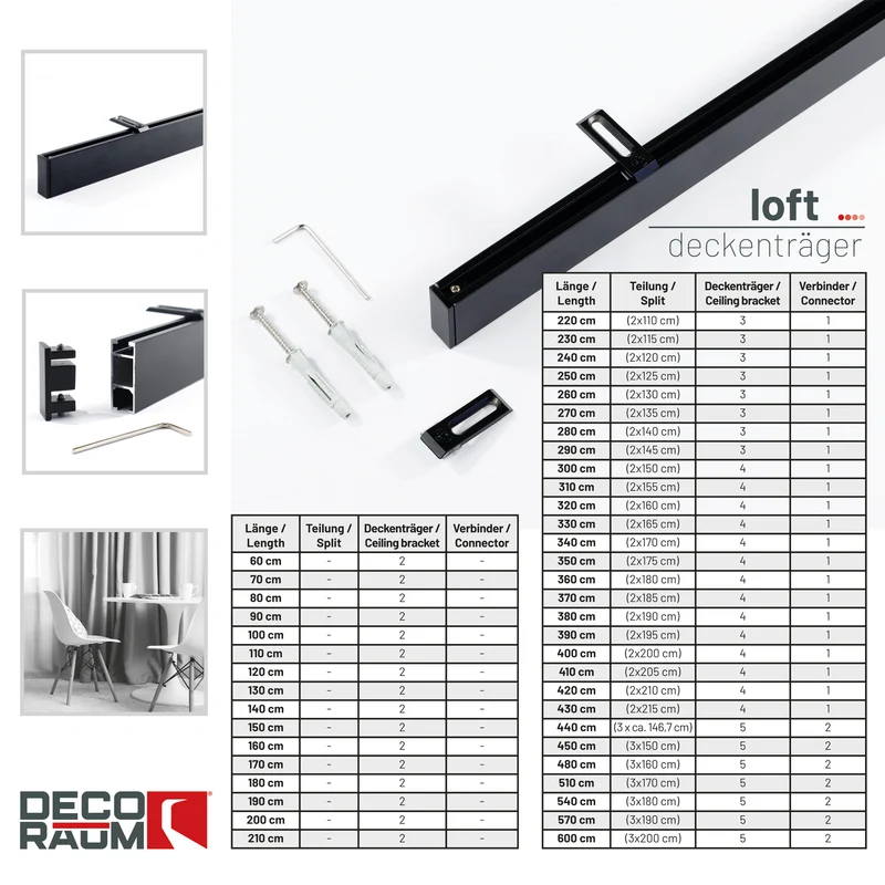Gardinenschiene Innenlauf auf Maß 1-läufig Schwarz - Serie Loft
