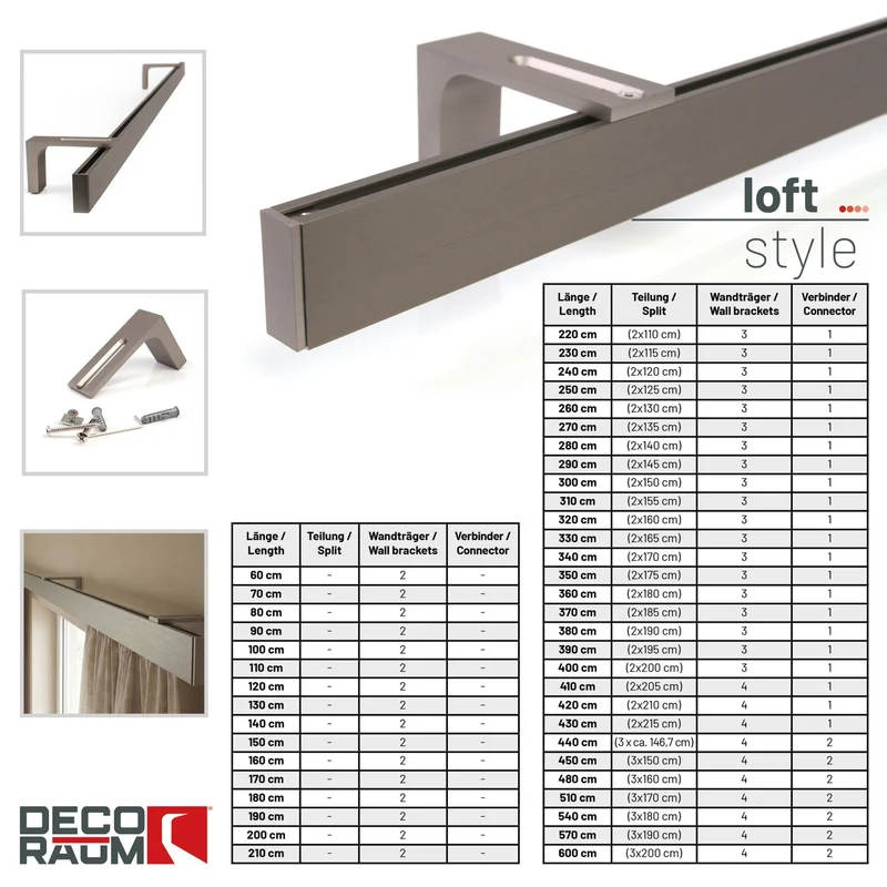 Gardinenschiene Innenlauf auf Maß 1-läufig Edelstahl-optik - Serie Loft