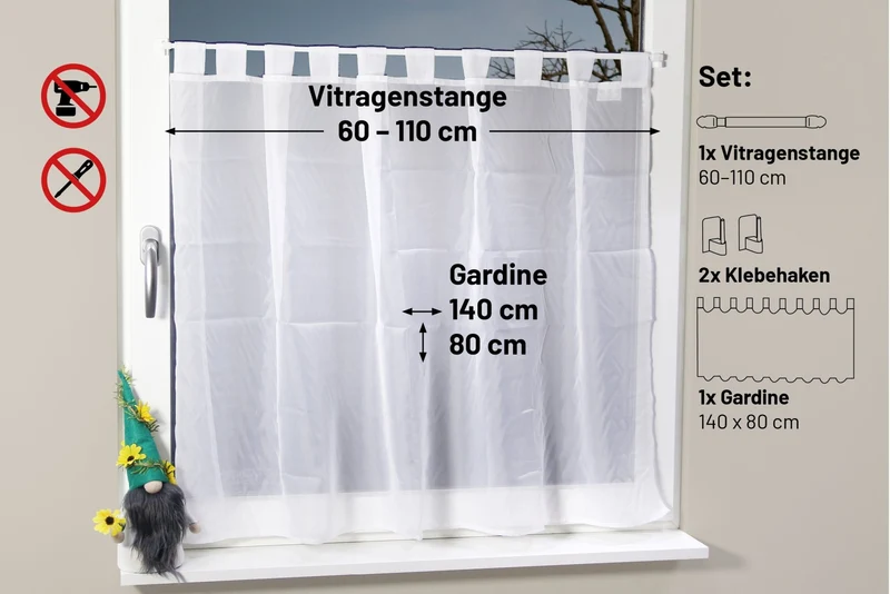 Vitragenstangen Set mit Gardine und Klebehaken