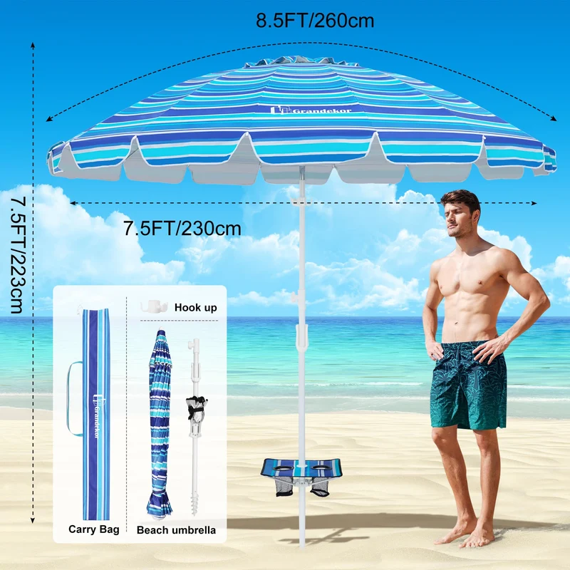 8.5ft | Built-in Table Tray & Hook | Beach Umbrella
