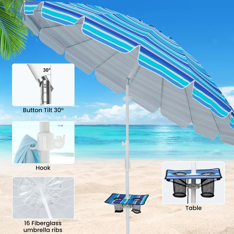 8.5ft | Built-in Table Tray & Hook | Beach Umbrella