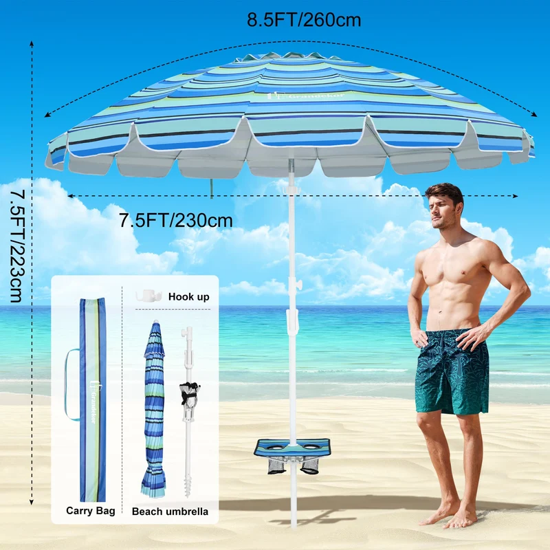8.5ft | Built-in Table Tray & Hook | Beach Umbrella