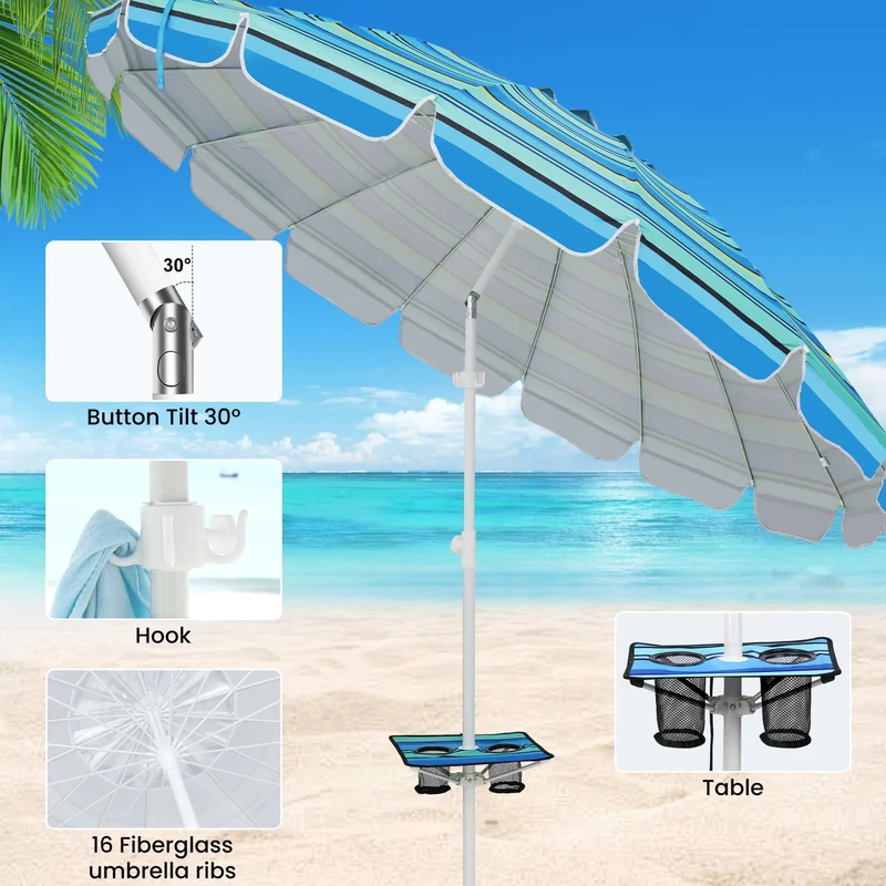 8.5ft | Built-in Table Tray & Hook | Beach Umbrella