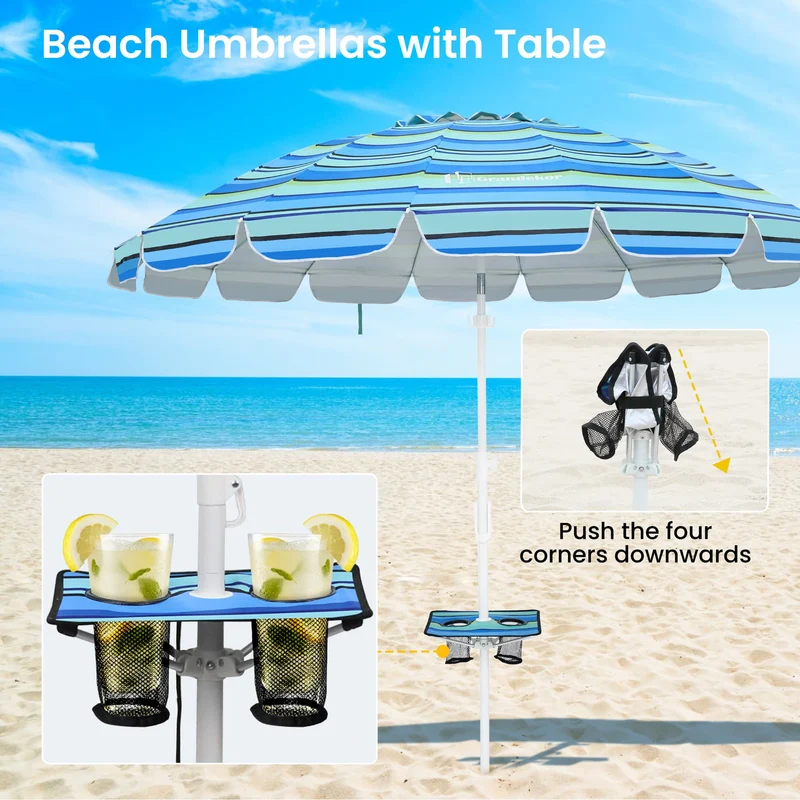 8.5ft | Built-in Table Tray & Hook | Beach Umbrella