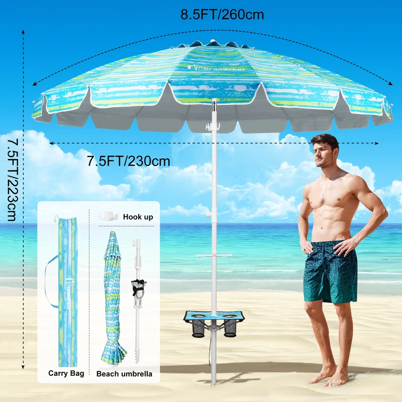 8.5ft | Built-in Table Tray & Hook | Beach Umbrella
