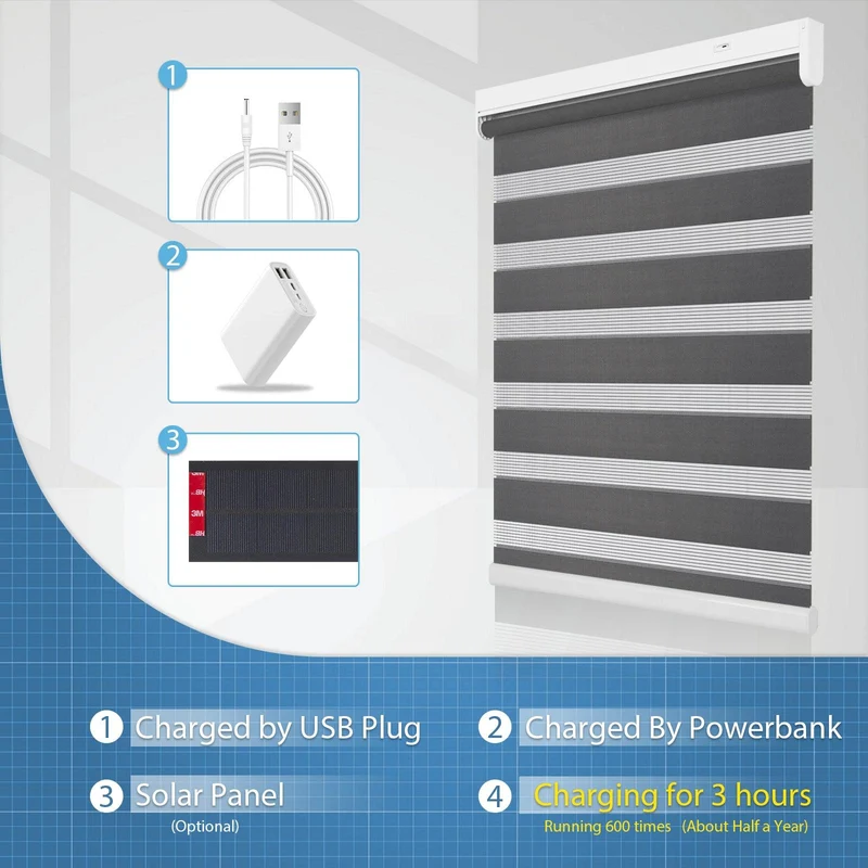 Motorized | Light Filtering | Rechargeable | Zebra Shades | Customizable