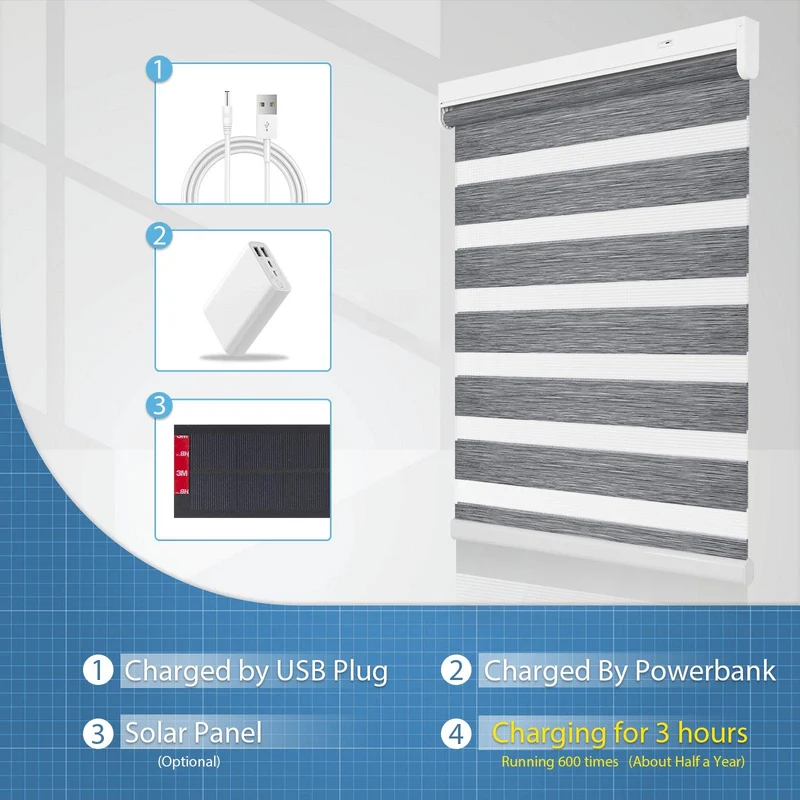 Motorized | Light Filtering | Rechargeable | Zebra Shades | Customizable
