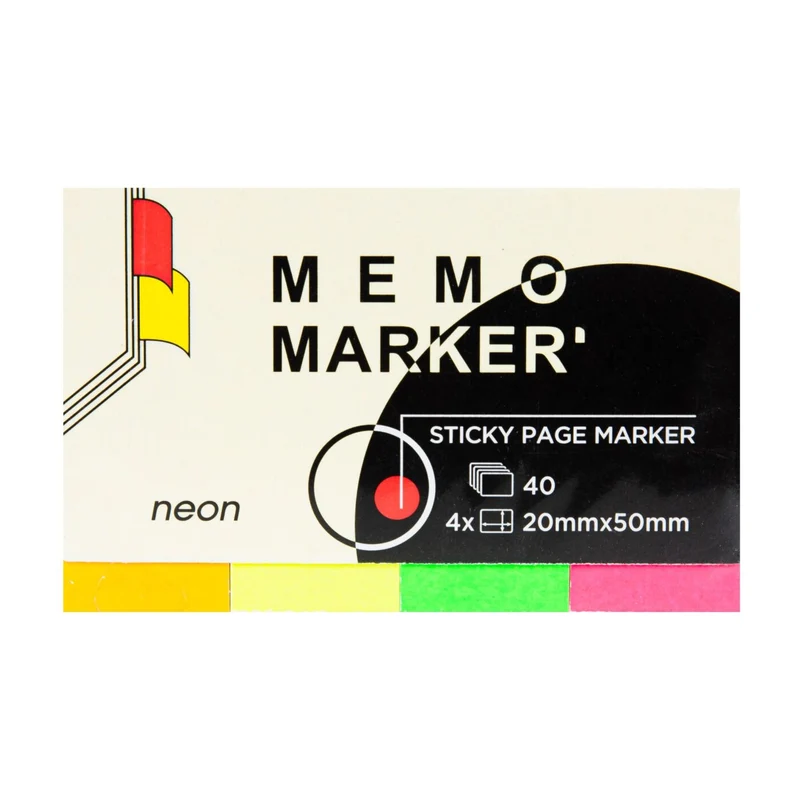Memo Marker Haftstreifen 20×50 mm im Etui, 4 Neonfarben à 40 Blatt (insgesamt 160 Stück)