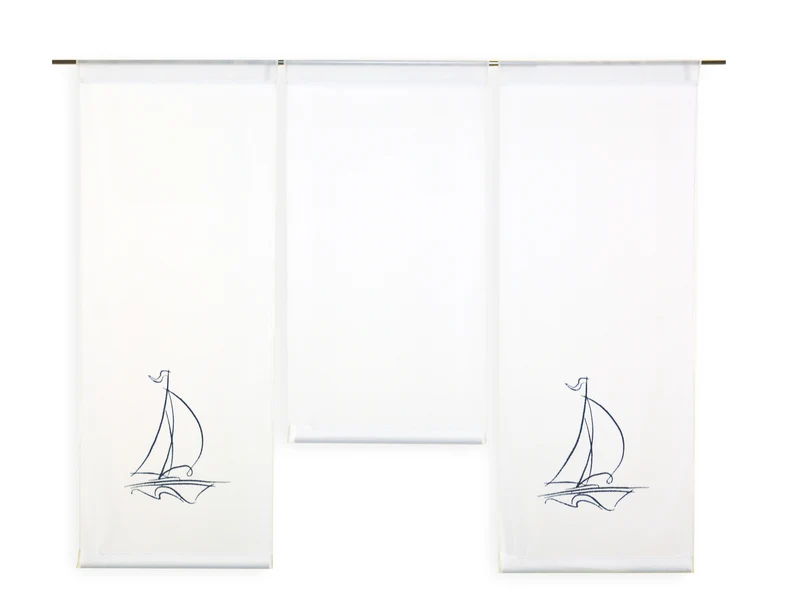 Design Mini Flächenvorhang Set bestickt Segelboot blau 4114