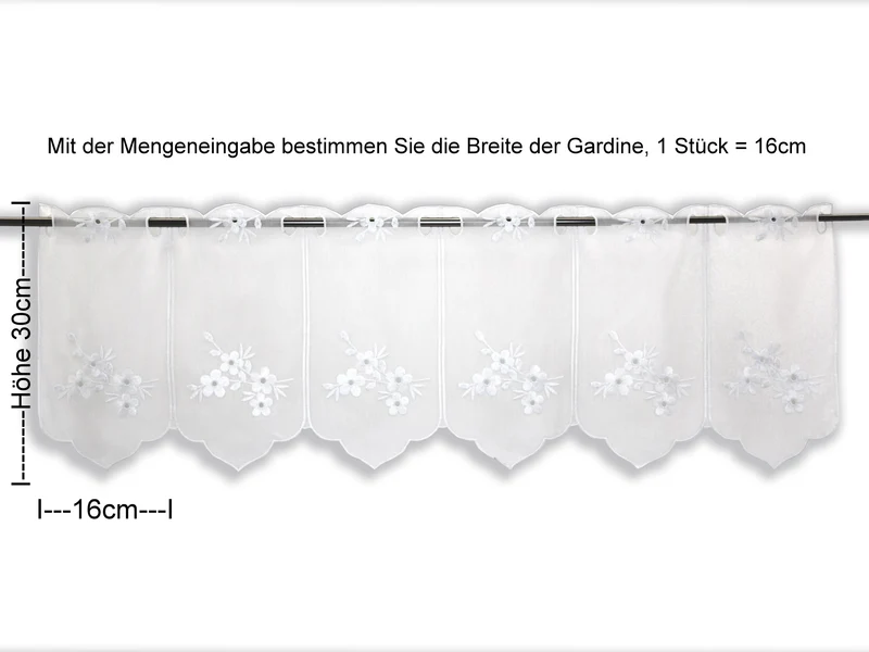 Scheibengardine Blume bestickt weiß Höhe 30/45/60/90cm nach Maß