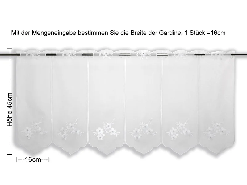 Scheibengardine Blume bestickt weiß Höhe 30/45/60/90cm nach Maß