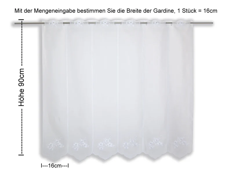 Scheibengardine Blume bestickt weiß Höhe 30/45/60/90cm nach Maß