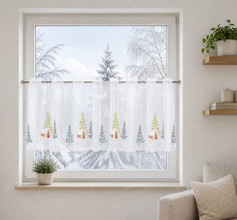 Scheibengardine bestickt Winterlandschaft BxH 48x140cm