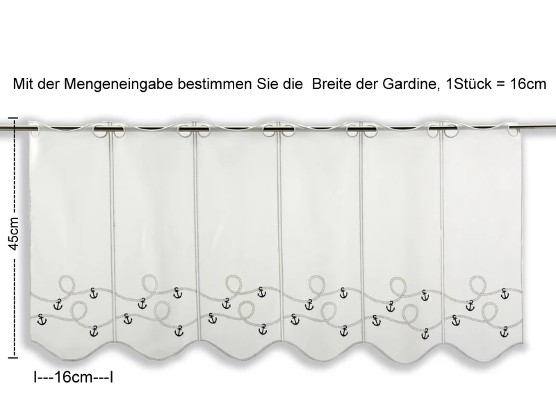 nach Maß Scheibengardine Anker Tau bestickt Bistrogardine blau weiß versch. Höhen