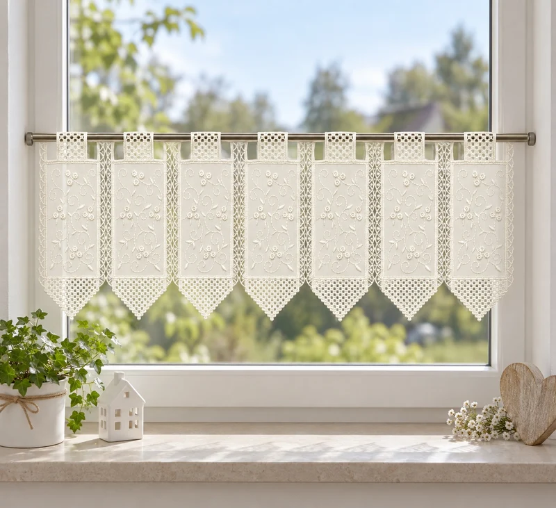 nach Maß Scheibengardine bestickt weiß Ranke Höhe 23/45/60cm Bistro Hardanger