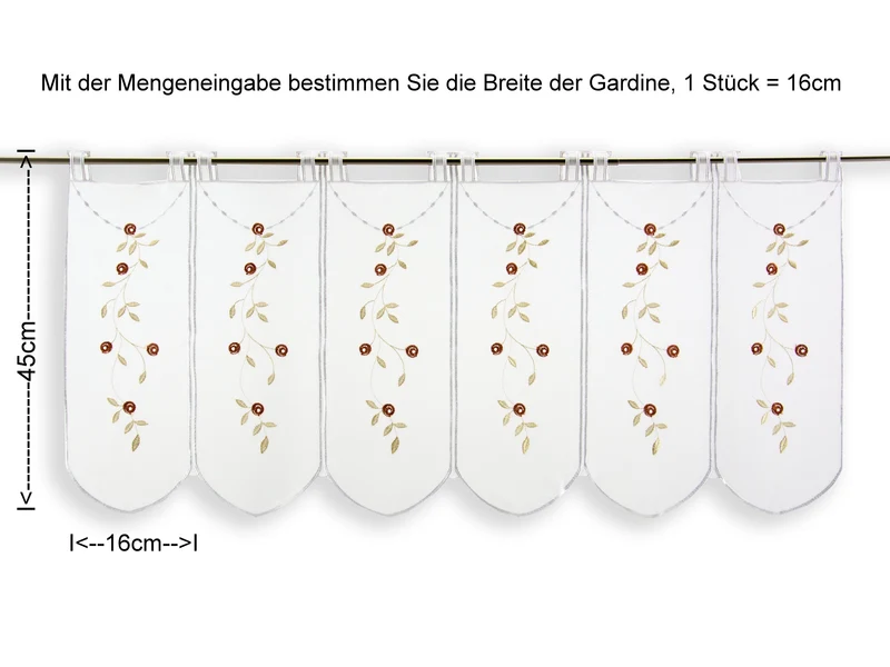 nach Maß Scheibengardine weiß Rose Höhe 45cm bestickt creme rostbraun
