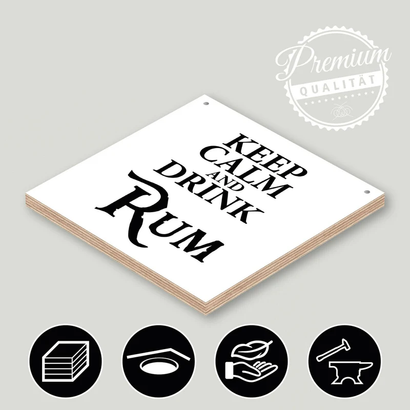 Holzschild "Keep calm and drink Rum" bedruckt 20x20cm Deko