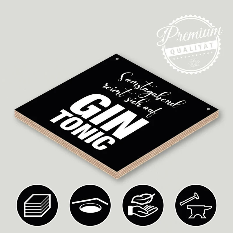 Holzschild "Samstagabend reimt sich auf Gin Tonic" bedruckt 20x20cm Deko
