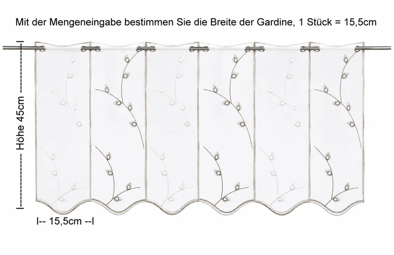 nach Maß Scheibengardine Blätter taupe bestickt Höhe 45cm Bistrogardine