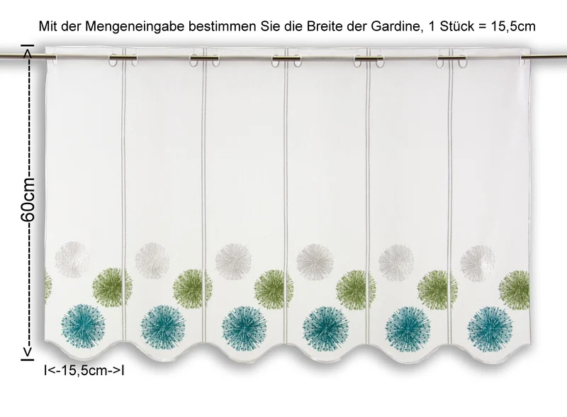 Nach Maß Scheibengardine Rawlins blau grün bestickt Höhe 45/60cm