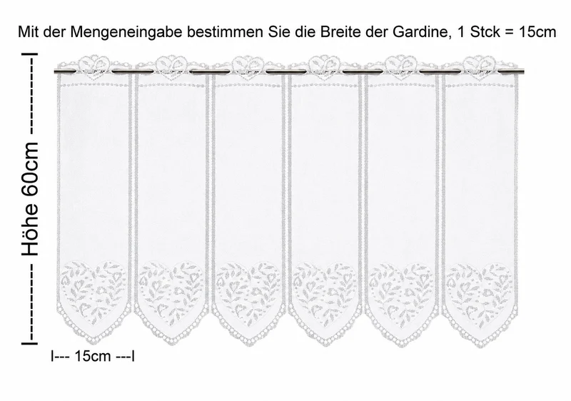 nach Maß Scheibengardine Jacquard Herz weiß Höhe 45/60cm Breite frei wählbar