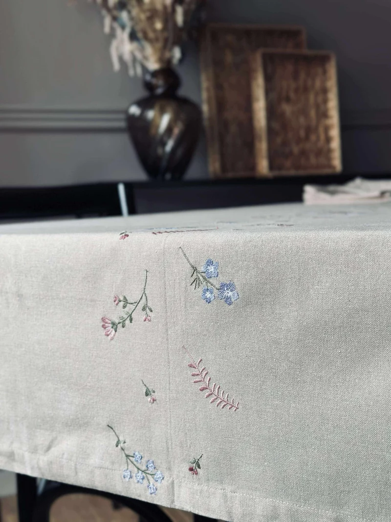 Tischdecke Flower-Stickerei - Leinen-Look